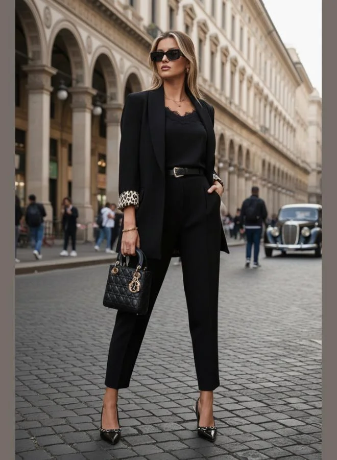 ليلا بنطلون نسائي ليلا بقصة مستقيمة وخصر مرتفع وحزام