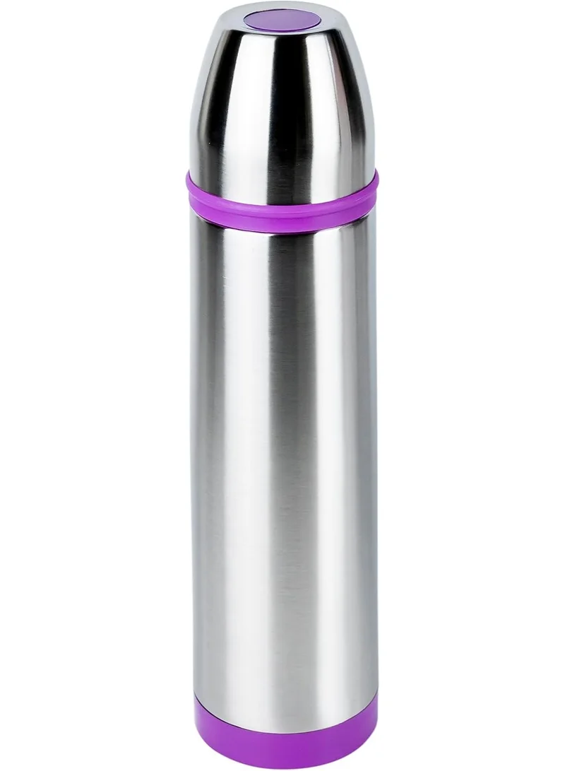 Nessan Nessan Stainless Steel Vacuum Flask 1L Double Wall Insulated with Color Band Silver/Purple | Hot & Cold Thermal Flask