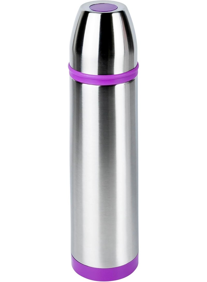 نيسان قارورة نيسان الحرارية المفرغة من الفولاذ المقاوم للصدأ - سعة 1 لتر | مزدوجة الجدار ومعزولة حرارياً | بتصميم شريط لوني (فضي/بنفسجي) | لحفظ المشروبات الساخنة والباردة - Image 1