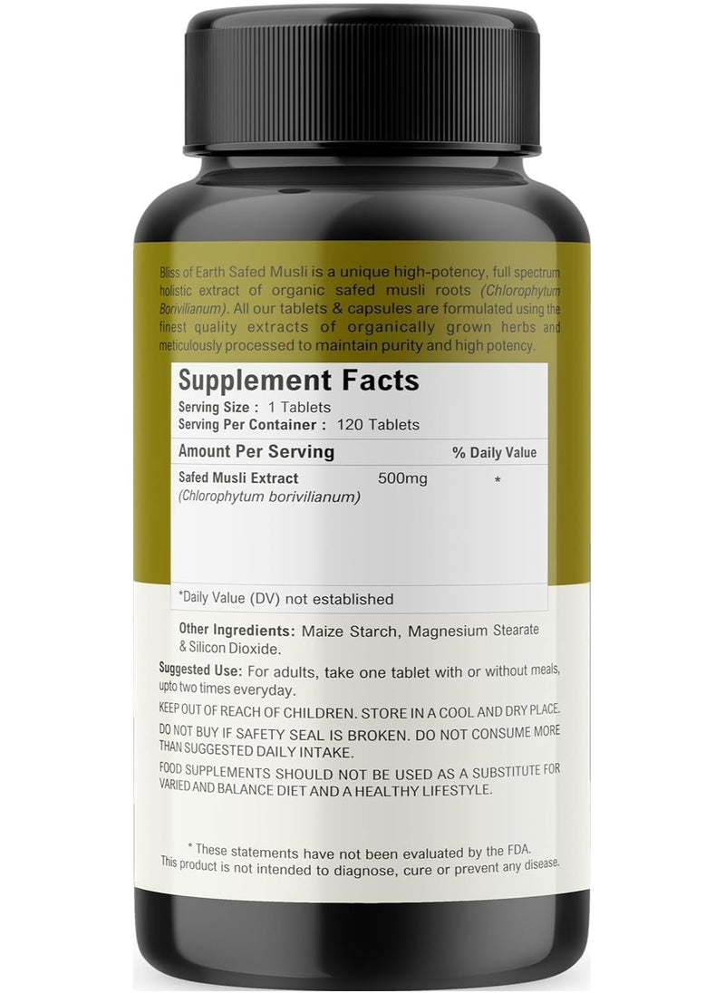 BLISS OF EARTH - Safed Musli Tablets 120 Count 500Mg Pure Extract Per Serving For Energy And Vitality - Image 1