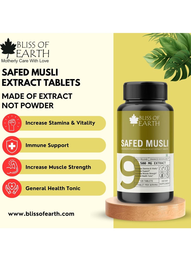 BLISS OF EARTH - Safed Musli Tablets 120 Count 500Mg Pure Extract Per Serving For Energy And Vitality - Image 1