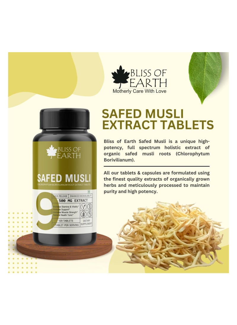 BLISS OF EARTH - Safed Musli Tablets 120 Count 500Mg Pure Extract Per Serving For Energy And Vitality - Image 1