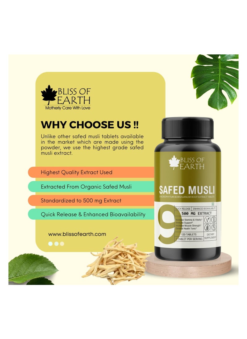 BLISS OF EARTH - Safed Musli Tablets 120 Count 500Mg Pure Extract Per Serving For Energy And Vitality - Image 1