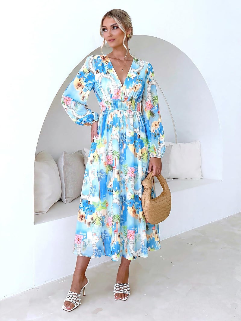 Maxigerui Women's Long Sleeve Floral Maxi Dress 2026 Spring Summer Wedding Guest Dress Blue Pink Tropical Print L - Image 3