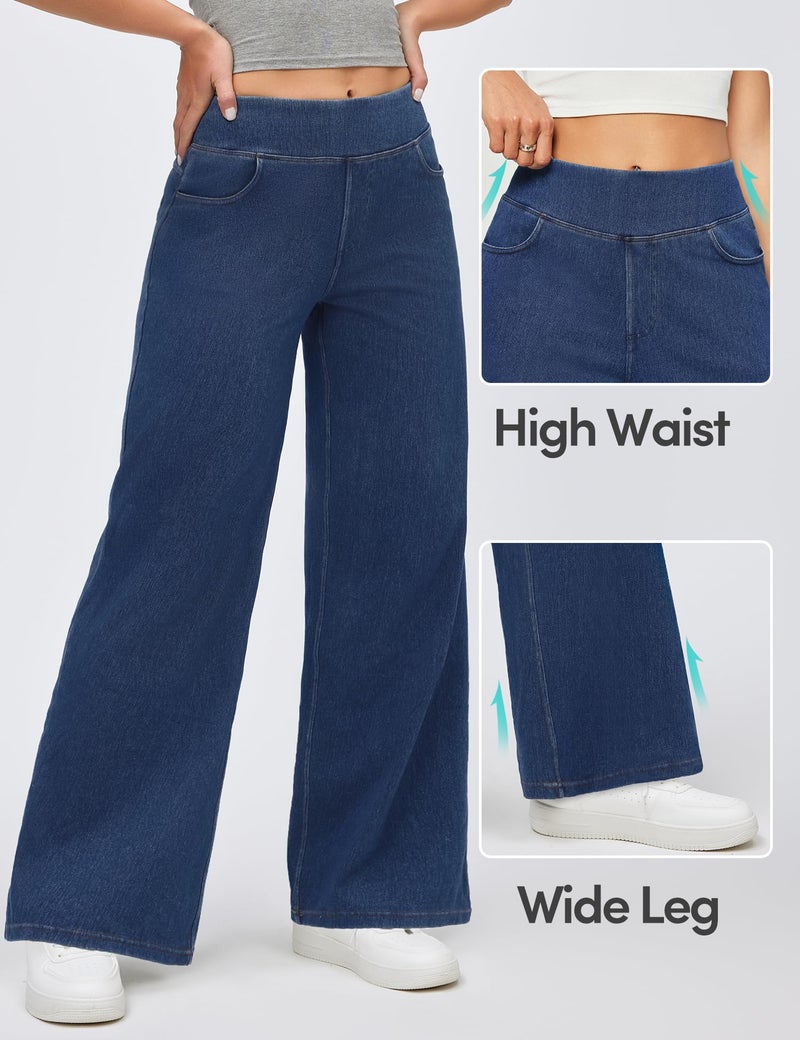 IUGA Wide Leg Jeans Woman High Waisted Pull On Baggy Jeans for Women Stretchy Trendy Womens Jean Straight Casual Denim Pants Dark Blue - Image 4