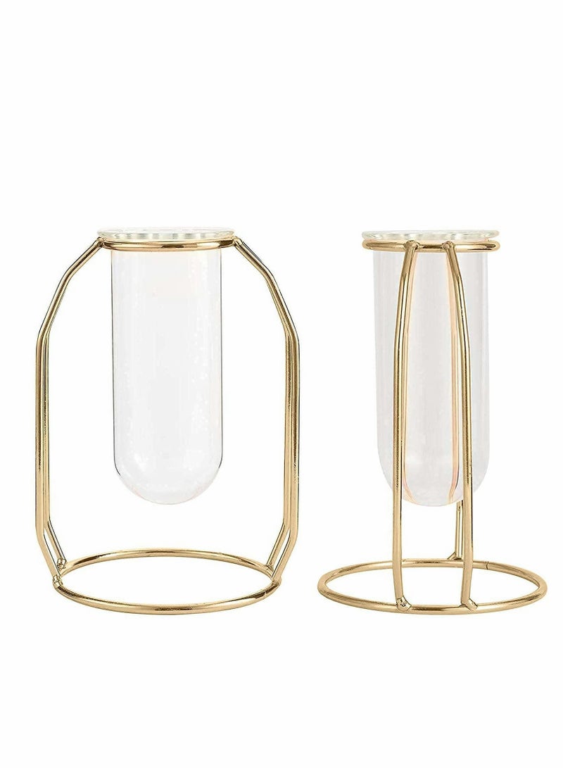 Elegant Glass Flower Vase with Gold Metal Frame, Test Tube Design for Hydroponic Plants, Perfect for Living Room, Balcony, Office, Weddings, Parties, and Floral Displays, Stylish Desktop Decor - Image 1