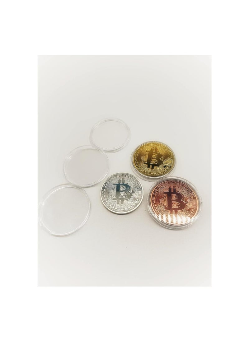 3Pcs Bitcoin Coin Physical Blockchain Cryptocurrency in Protective Collectable Gift Featuring Original Commemorative Tokens Chase Coin BTC Cryptocurrency Gold Silver and Bronze