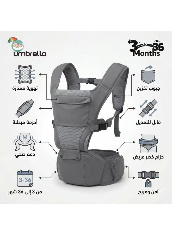 Umbrella 3-in-1 Ergonomic Baby Carrier with Hip Seat, Breathable Mesh & Adjustable Straps, Supportive Hipseat for Infants & Toddlers 3-36 Months - Image 3