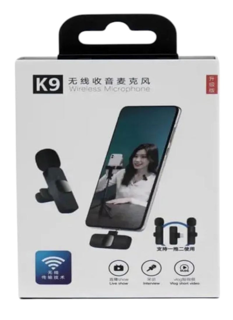 Generic K9 Dual Wireless Microphone, Mini Portable Recording Microphone with Receiver for All Type-C Cell Phones and iPhone Adapter Included - Black  - Image 1