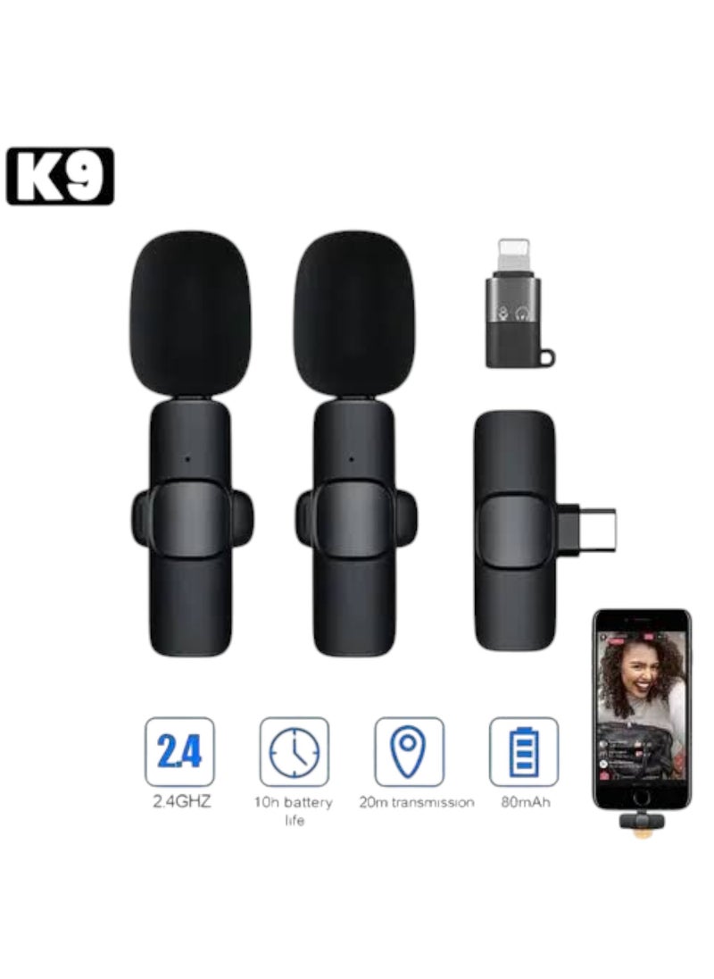 Generic K9 Dual Wireless Microphone, Mini Portable Recording Microphone with Receiver for All Type-C Cell Phones and iPhone Adapter Included - Black  - Image 4