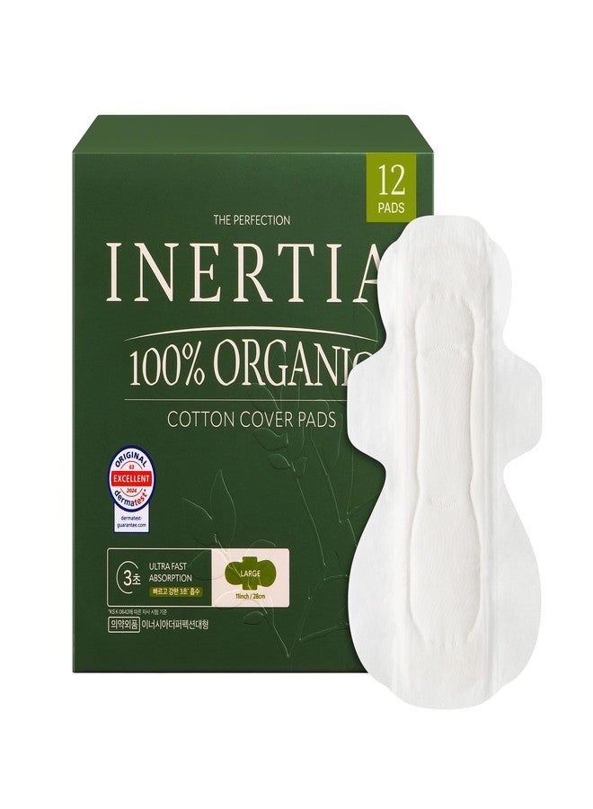 Inertia إينيرشيا ذا بيرفكشن جرين - فوط صحية كورية مصنوعة من القطن العضوي 100% بأجنحة | امتصاص فائق | امتصاص سريع للغاية وغشاء حيوي يسمح بمرور الهواء، مانعة للتسرب ومضادة للحساسية، فوط صحية نسائية للدورة الشهرية (12 قطعة) - Image 1