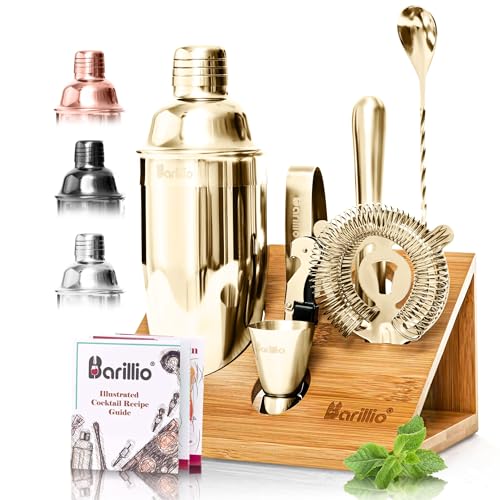 Barillio Gold Bartender Kit - Stainless-Steel Cocktail Shaker Set w/Bamboo Stand - Mixology Bar Tools w/Shaker, Drink Mixer Spoon & Muddler for Cocktails - Home Bar Accessories - 10-Pc Bar Set - Image 1