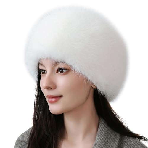Dikoaina Faux Fur Cossack Russian Style Hat for Ladies Winter Hats for Women, White, Medium - Image 1