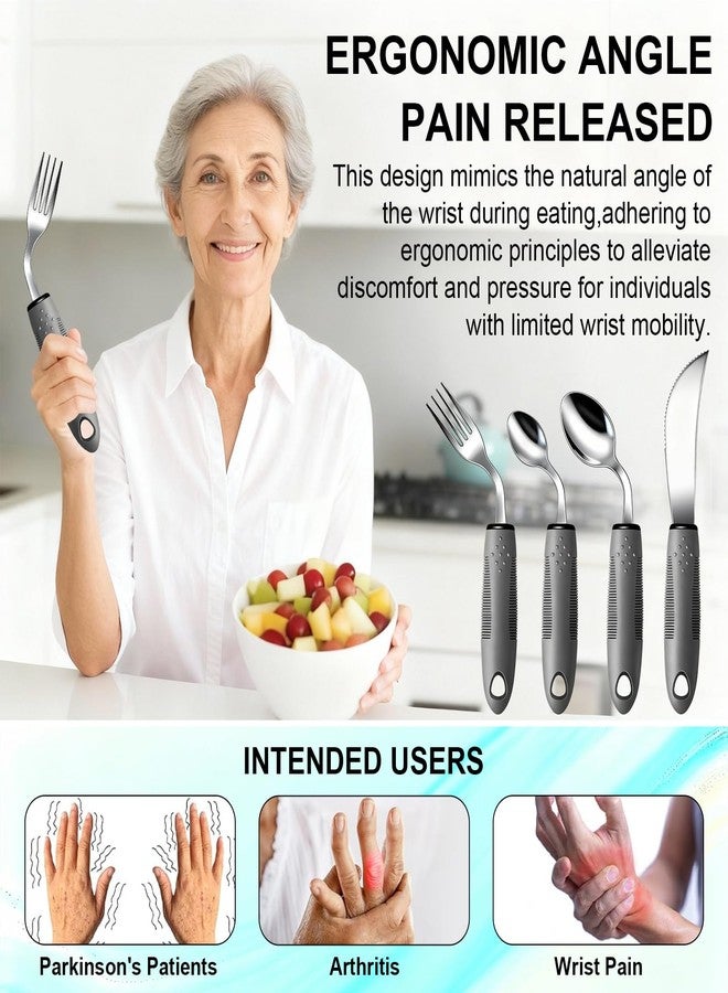 Haiou 4-Piece Adaptive Silverware Set - 42° Angled Utensils for Parkinson's Patients and Elderly with Hand Tremors (Grey-Right-Handed) - Image 3