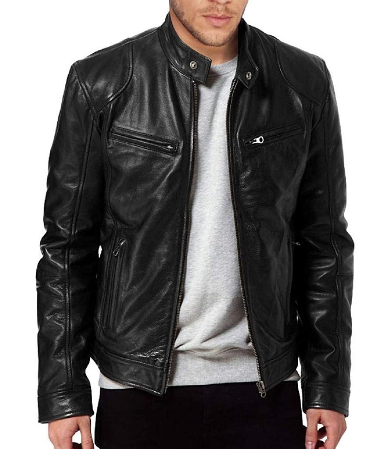 The Leather Factory جاكيت دراجات جلد حقيقي للرجال من مصنع الجلد - جلد خروف أصلي - مقاس L أسود - Image 3