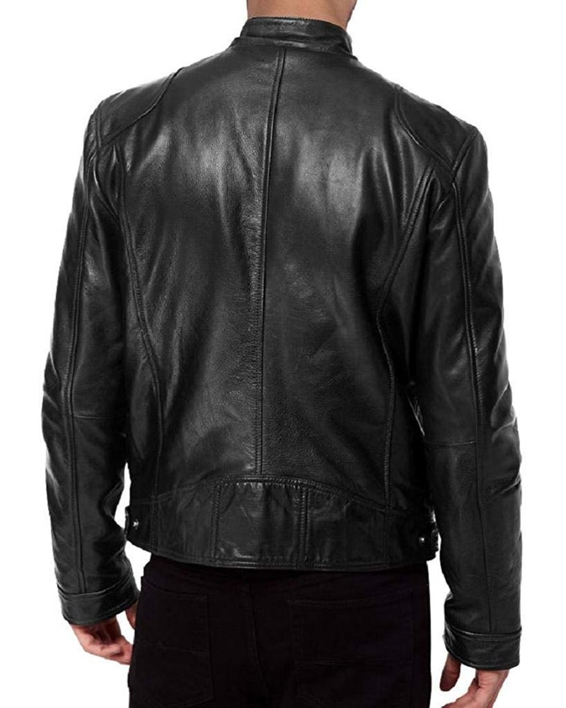The Leather Factory جاكيت دراجات جلد حقيقي للرجال من مصنع الجلد - جلد خروف أصلي - مقاس L أسود - Image 2