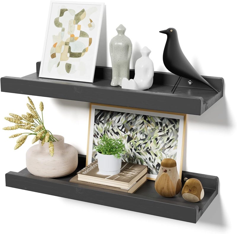 Craftsline Craftsline 17In Wood Floating Black Shelves with Lip Wall Mounted Picture Ledge Shelf Set of 2 Floating Book Shelves for Kids Room Wall Storage Shelves with Guardrail for Living Room Kitchen - Image 1