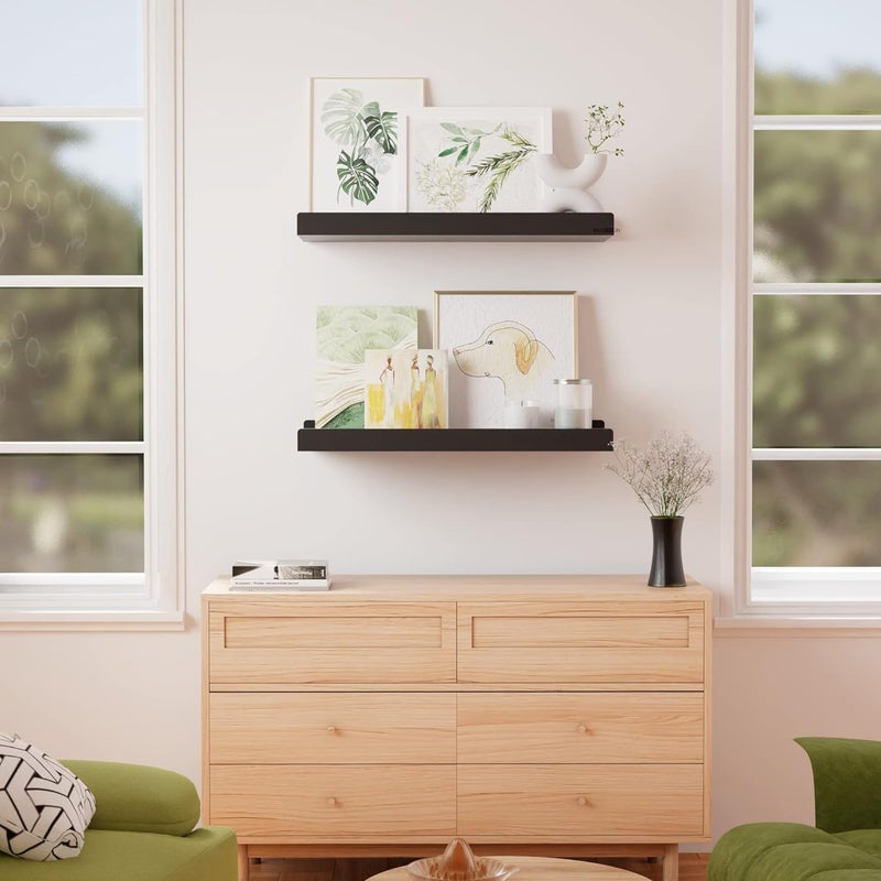 Craftsline Craftsline 17In Wood Floating Black Shelves with Lip Wall Mounted Picture Ledge Shelf Set of 2 Floating Book Shelves for Kids Room Wall Storage Shelves with Guardrail for Living Room Kitchen - Image 2