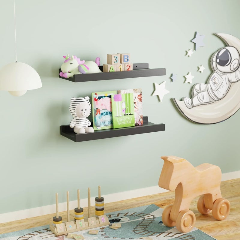 Craftsline Craftsline 17In Wood Floating Black Shelves with Lip Wall Mounted Picture Ledge Shelf Set of 2 Floating Book Shelves for Kids Room Wall Storage Shelves with Guardrail for Living Room Kitchen - Image 4
