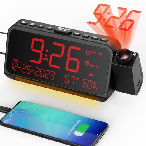 Mesqool Projection Alarm Clock for Bedroom Ceiling, Digital Clock Projector with Weekday/Weekend Mode, Date, Temperature, Humidity, Type-C USB Charger, Night Light, Dual Alarms, DST, Dimmer,12/24H - Image 1
