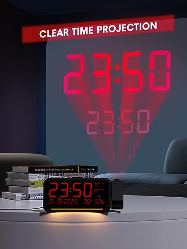 Mesqool Projection Alarm Clock for Bedroom Ceiling, Digital Clock Projector with Weekday/Weekend Mode, Date, Temperature, Humidity, Type-C USB Charger, Night Light, Dual Alarms, DST, Dimmer,12/24H - Image 3