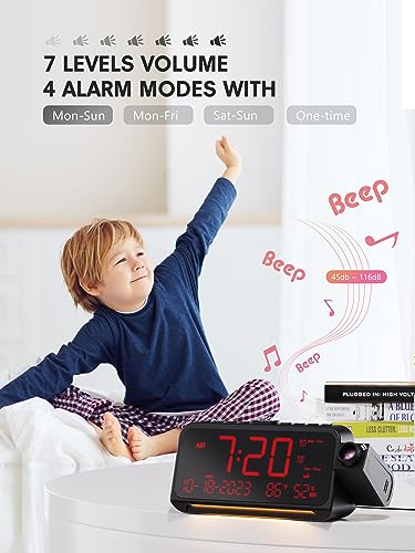 Mesqool Projection Alarm Clock for Bedroom Ceiling, Digital Clock Projector with Weekday/Weekend Mode, Date, Temperature, Humidity, Type-C USB Charger, Night Light, Dual Alarms, DST, Dimmer,12/24H - Image 5