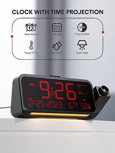 Mesqool Projection Alarm Clock for Bedroom Ceiling, Digital Clock Projector with Weekday/Weekend Mode, Date, Temperature, Humidity, Type-C USB Charger, Night Light, Dual Alarms, DST, Dimmer,12/24H - Image 2