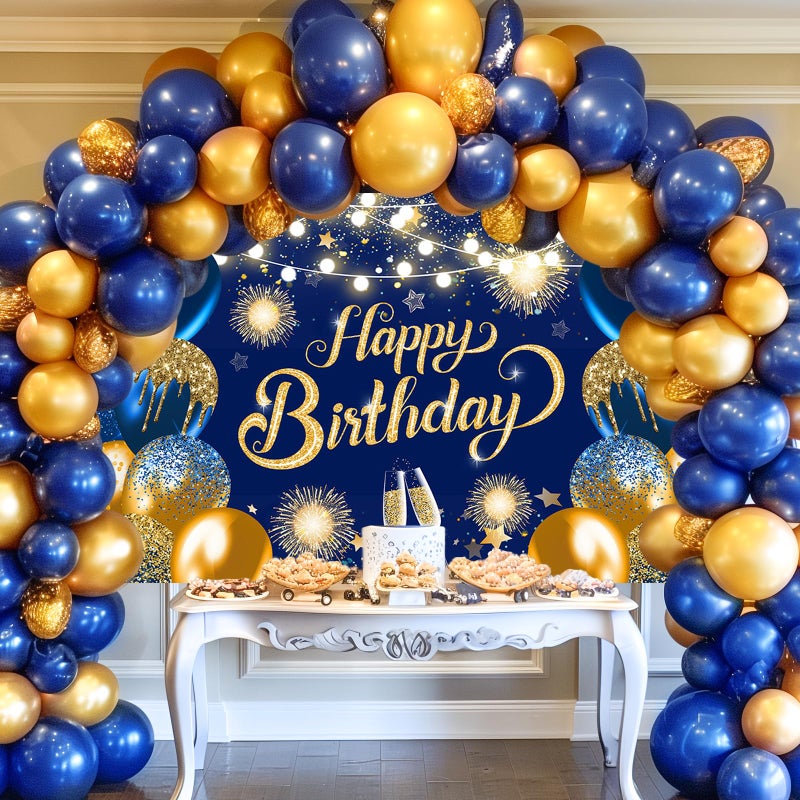 Lecheme Blue Happy Birthday Backdrop 6x3.6 ft Blue Gold Banner for Men Women Birthday Party Decorations Photo Booth Background - Image 3