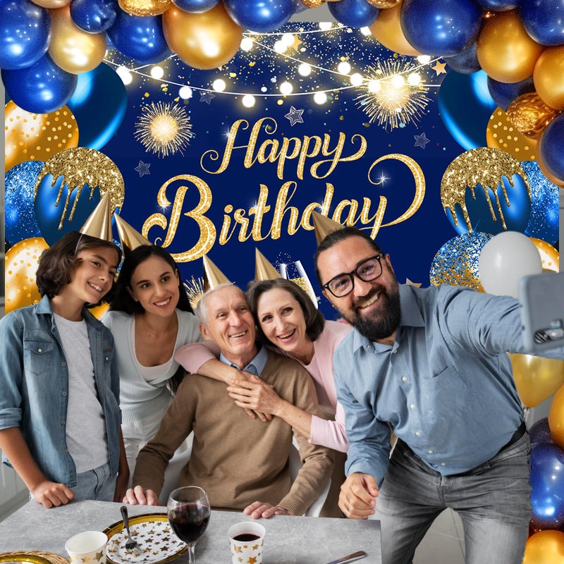 Lecheme Blue Happy Birthday Backdrop 6x3.6 ft Blue Gold Banner for Men Women Birthday Party Decorations Photo Booth Background - Image 5