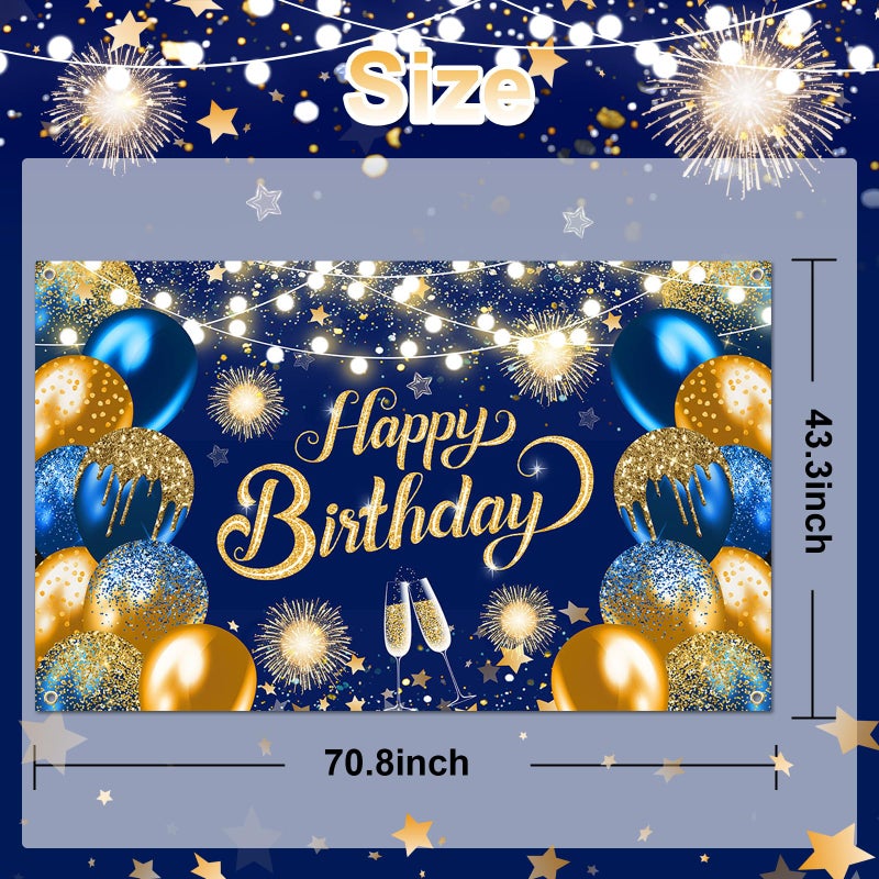 Lecheme Blue Happy Birthday Backdrop 6x3.6 ft Blue Gold Banner for Men Women Birthday Party Decorations Photo Booth Background - Image 2