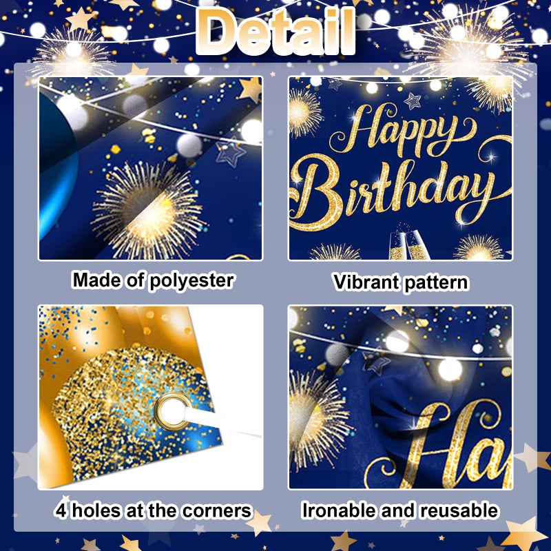 Lecheme Blue Happy Birthday Backdrop 6x3.6 ft Blue Gold Banner for Men Women Birthday Party Decorations Photo Booth Background - Image 4