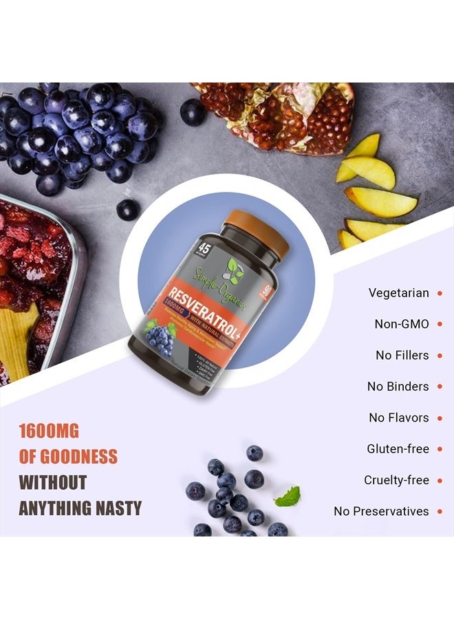 Simple-Organics ريسفيراترول 1600 ملغ لكل حصة لمركب قوة إضافية نقية، مضاد للشيخوخة، بشرة متألقة، دعم المناعة - 90 كبسولة - Image 2