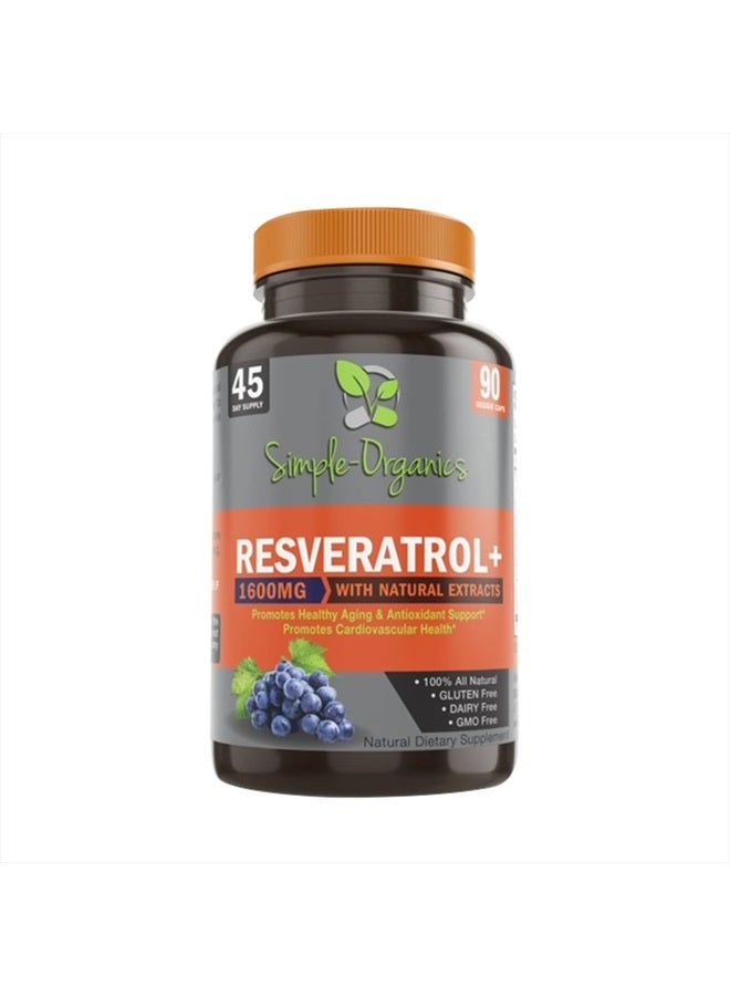 Simple-Organics ريسفيراترول 1600 ملغ لكل حصة لمركب قوة إضافية نقية، مضاد للشيخوخة، بشرة متألقة، دعم المناعة - 90 كبسولة - Image 1