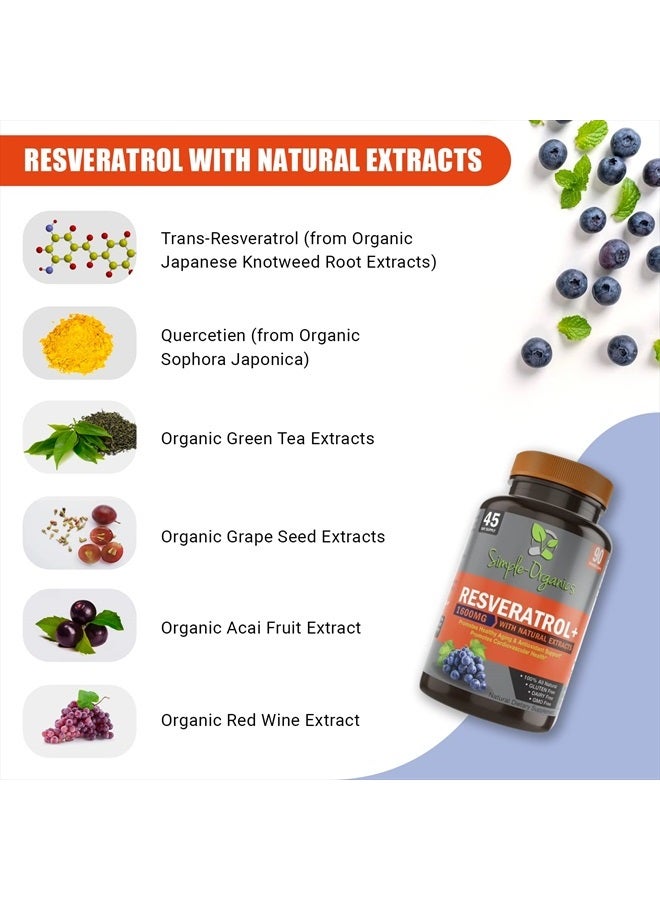 Simple-Organics ريسفيراترول 1600 ملغ لكل حصة لمركب قوة إضافية نقية، مضاد للشيخوخة، بشرة متألقة، دعم المناعة - 90 كبسولة - Image 3