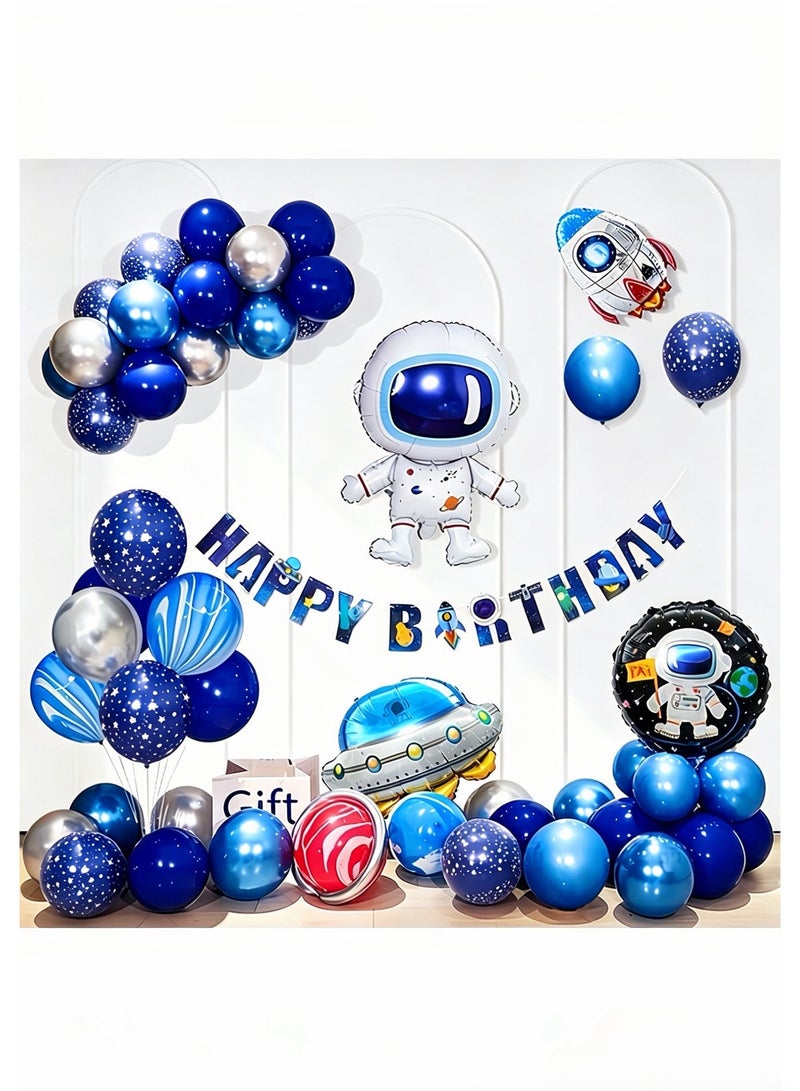 Outer Space Astronaut Birthday Balloon Set, Galaxy Rocket UFO Space Theme Party Decoration, Blue Latex Balloons Arch Kit With Happy Birthday Banner, Kids Boys Birthday Baby Shower Space Party Supplies - Image 1