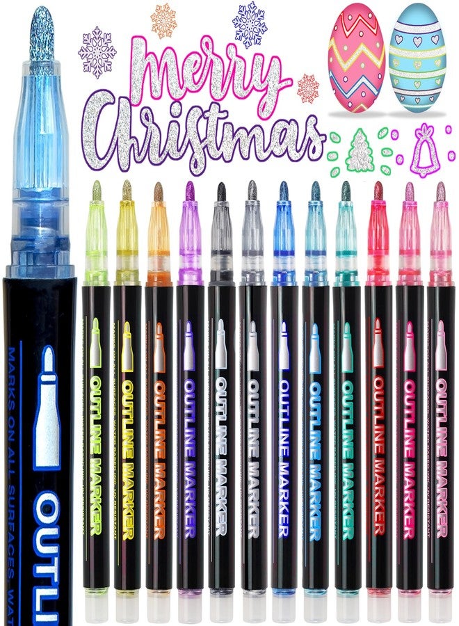 AKUBLE Shimmer Markers Doodle Outline Pens: 12 Glitter Set Stocking Stuffers Kid Teen Tween Girl Age 4 8 9 10 14 16 18 Year Old Christmas Gift Trendy Stuff Metallic Sparkle Art Craft Drawing Supplies Dazzles - Image 1