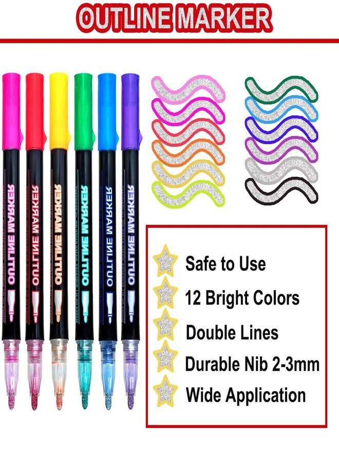 AKUBLE Shimmer Markers Doodle Outline Pens: 12 Glitter Set Stocking Stuffers Kid Teen Tween Girl Age 4 8 9 10 14 16 18 Year Old Christmas Gift Trendy Stuff Metallic Sparkle Art Craft Drawing Supplies Dazzles - Image 2