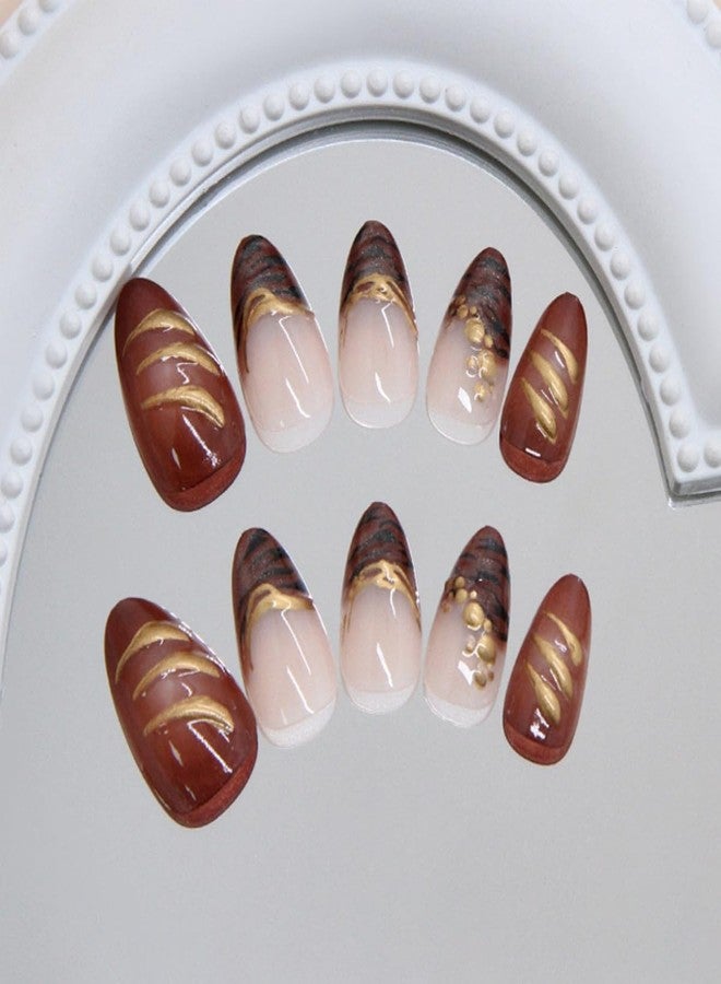 ROKHEVN 3D Gold Press on Nails Medium Almond Fake Nails Brown French Tip Designs Stick on Nails Flower False Nails Fall Artificial Acrylic Glue On Nail for Women Girls Manicure 24Pcs - Image 2