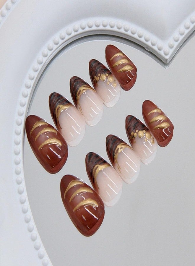 ROKHEVN 3D Gold Press on Nails Medium Almond Fake Nails Brown French Tip Designs Stick on Nails Flower False Nails Fall Artificial Acrylic Glue On Nail for Women Girls Manicure 24Pcs - Image 3