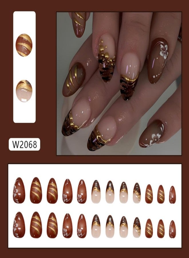 ROKHEVN 3D Gold Press on Nails Medium Almond Fake Nails Brown French Tip Designs Stick on Nails Flower False Nails Fall Artificial Acrylic Glue On Nail for Women Girls Manicure 24Pcs - Image 5