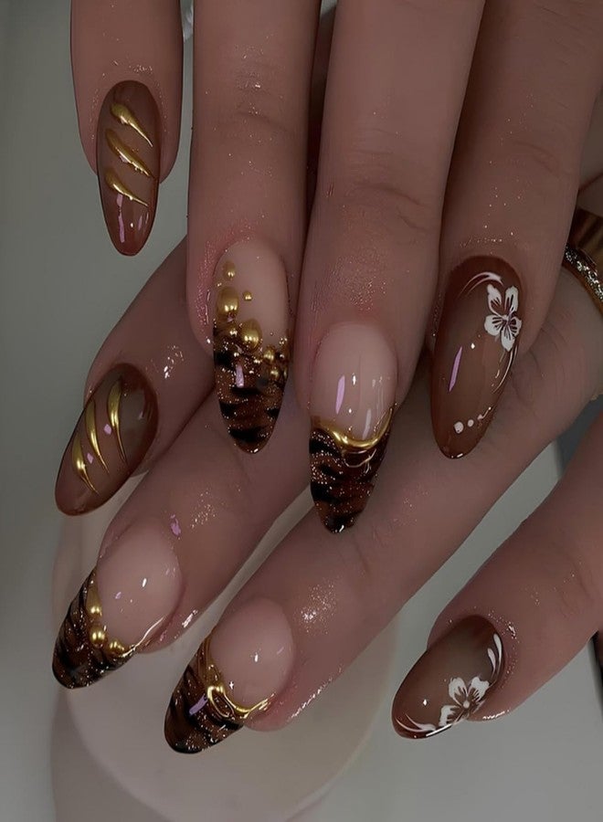 ROKHEVN 3D Gold Press on Nails Medium Almond Fake Nails Brown French Tip Designs Stick on Nails Flower False Nails Fall Artificial Acrylic Glue On Nail for Women Girls Manicure 24Pcs - Image 1