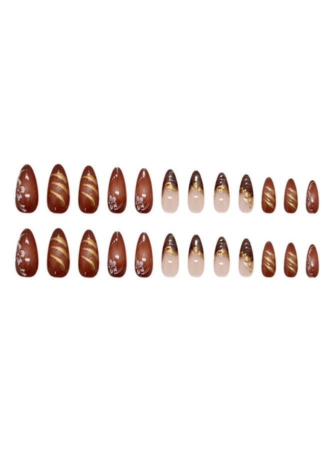 ROKHEVN 3D Gold Press on Nails Medium Almond Fake Nails Brown French Tip Designs Stick on Nails Flower False Nails Fall Artificial Acrylic Glue On Nail for Women Girls Manicure 24Pcs - Image 4