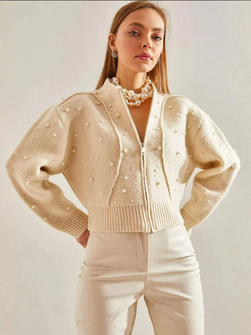 LUCCI Textured Patterned Zip-Up Crop Cardigan with Pompom