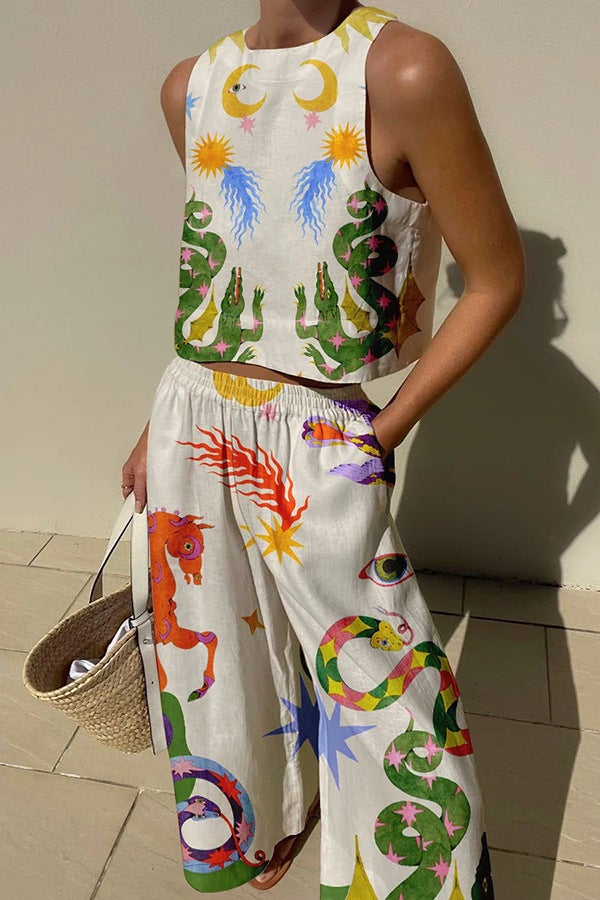 2023 New Sleeveless Top  Long Pants Set, Cotton Linen Printed Casual Outfit White Flower 