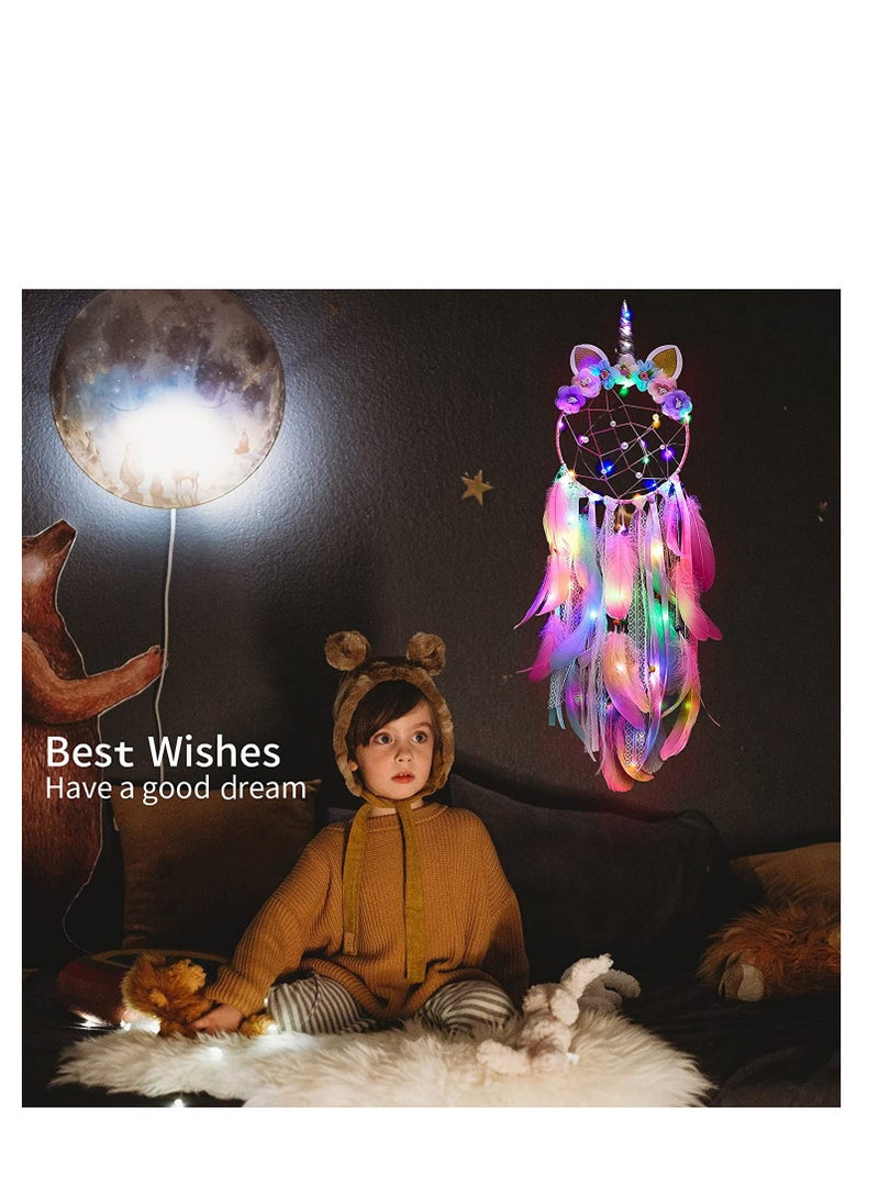 Unicorn Dream Catcher with Colorful LED Lights - Perfect Wall Decor for Kids' Bedrooms, Ideal Birthday & Festival Gift, Pink Design (Battery Not Included)