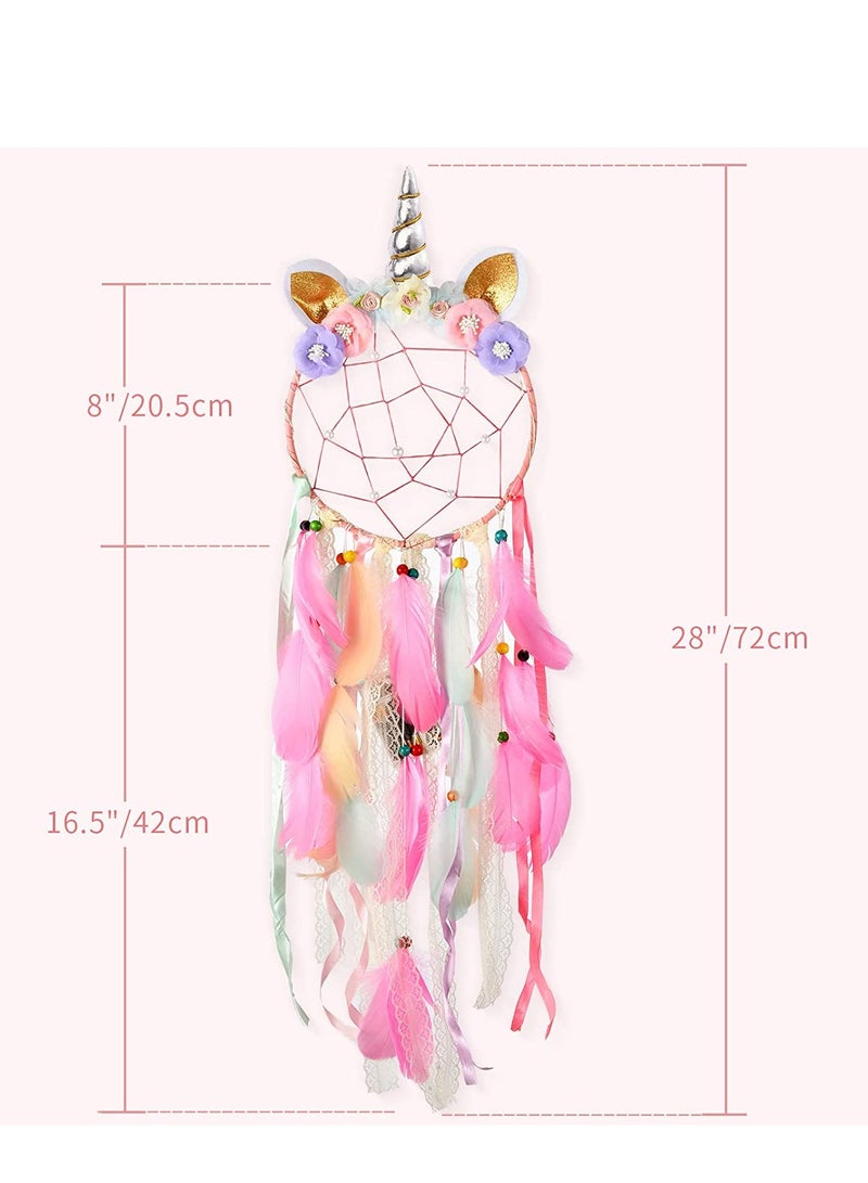Unicorn Dream Catcher with Colorful LED Lights - Perfect Wall Decor for Kids' Bedrooms, Ideal Birthday & Festival Gift, Pink Design (Battery Not Included)