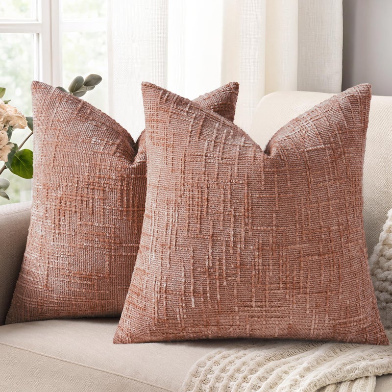 decorUhome Summer Pink Chenille Throw Pillow Covers 18x18 Set of 2 Textured Soft Cozy Slubby Couch Pillow Covers Modern Farmhouse Boho Decorative Pillow Cases for Bed Sofa Living Room - Image 2