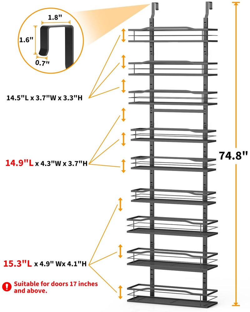 Moforoco 9-Tier Over The Door Pantry Organizer, Pantry Organization and Storage, Black Hanging Basket Wall Spice Rack Seasoning Shelves, Home & Kitchen Bedroom Bathroom House Essentials - Image 4