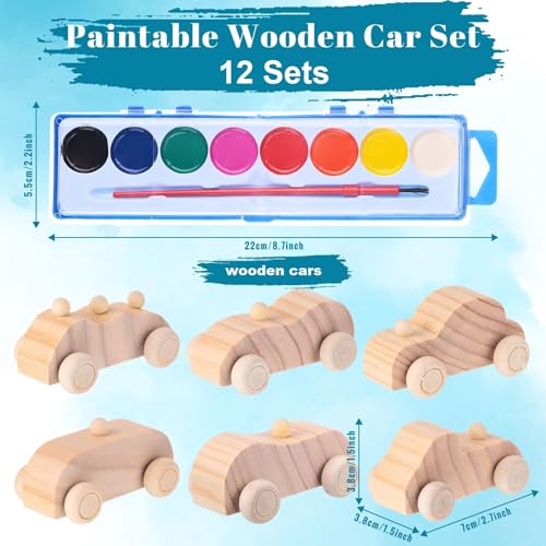 Leitee 12 Sets Wood DIY Car Toys Unfinished Wooden Cars to Paint with Watercolor Paint Wooden Toy Cars Crafts for Wood Car Party Favors School Family Arts Crafts Party Favors - Image 5
