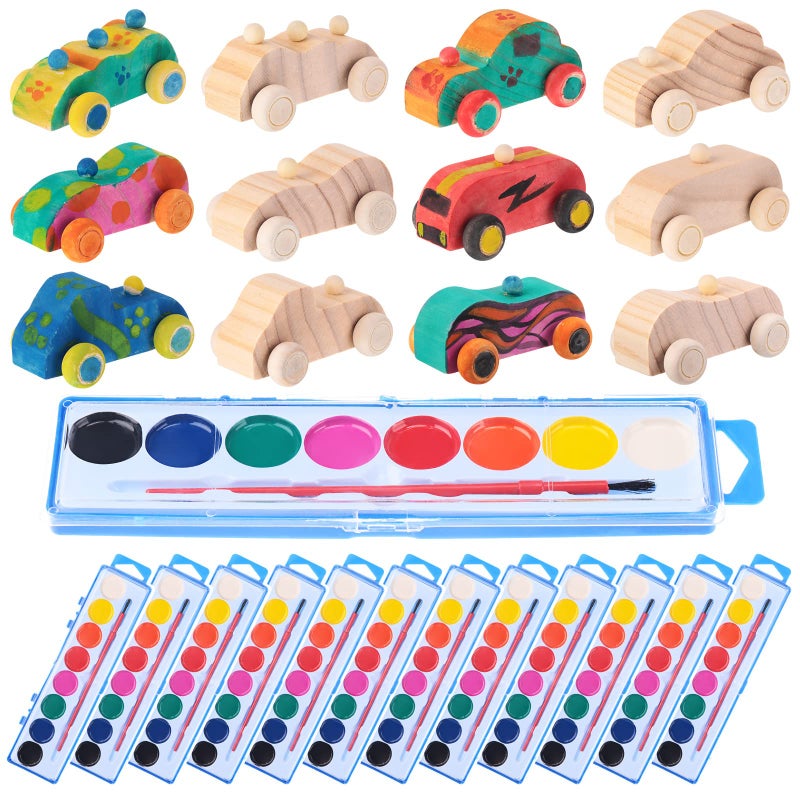 Leitee 12 Sets Wood DIY Car Toys Unfinished Wooden Cars to Paint with Watercolor Paint Wooden Toy Cars Crafts for Wood Car Party Favors School Family Arts Crafts Party Favors - Image 3